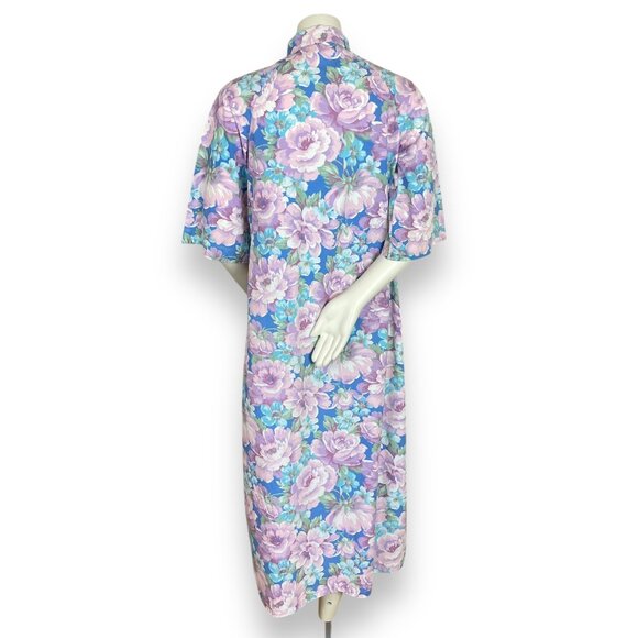 Vintage Handmade Housedress Floral Dress Purple‎ Blue Zip-Front Stand-Up Collar - Picture 3 of 11